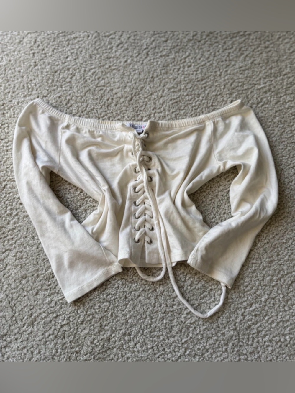 Fashion Nova Cream Off-Shoulder Lace-Up Long Sleeve Top y2k